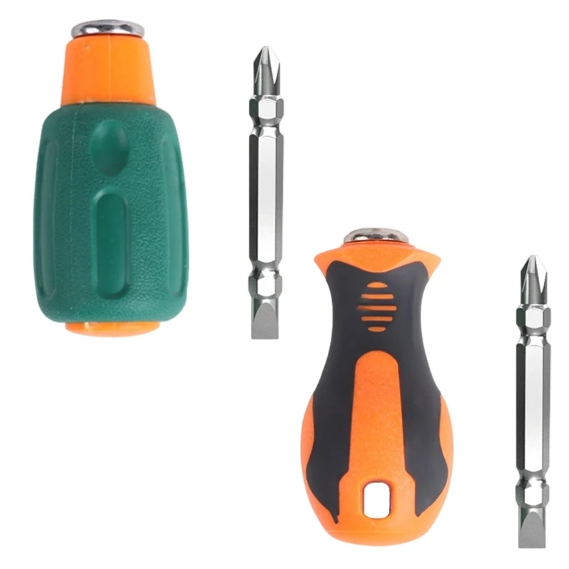 Mini Screwdriver Screw Repair Set of 2 with Reversible Plus Shape and Straight Slot Ends Magnetized Screw Hold,Short Grip Format