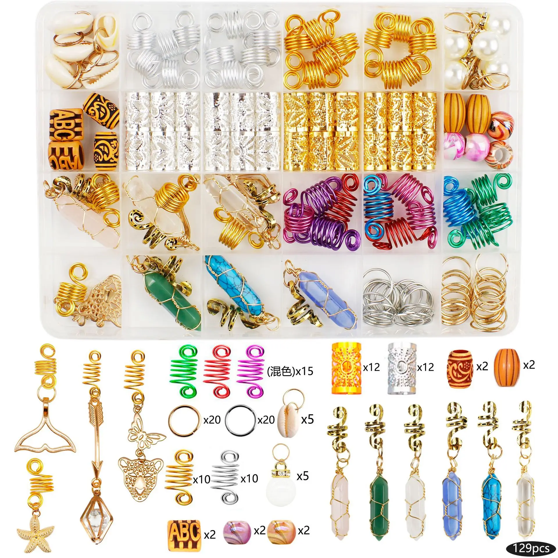 

129Pcs Crystal Stone Pendant Hair Ring Dreadlock Beads Hair Accessories for Braids Braid Clip In Hair Beads Hair Jewelry