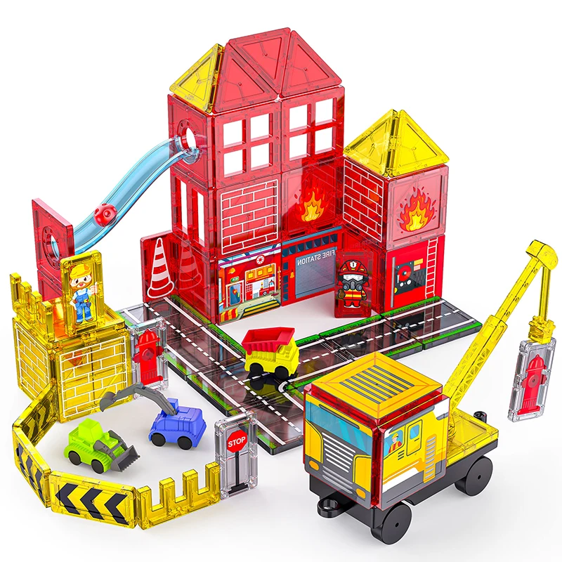 Telhas magnéticas com tema de combate a incêndios, com caminhão de bombeiros e estação, telhas magnéticas de construção, brinquedos de construção para crianças, brinquedos de aprendizagem
