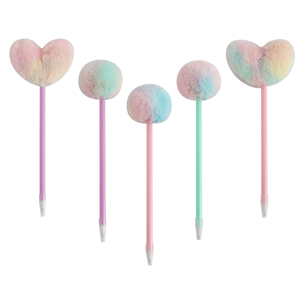 5Pcs Ballpoint Pen with Heart Pom Pom Toppers Adorable Pom Pom Ballpoint Pen Portable Heart Pen