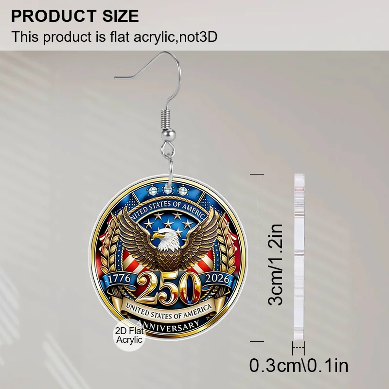2D Flat, 1pair USA 250th Anniversary 1776-2026 Bald Eagle Acrylic Earrings Ladies' Fashionable Style, Independence Day Decor