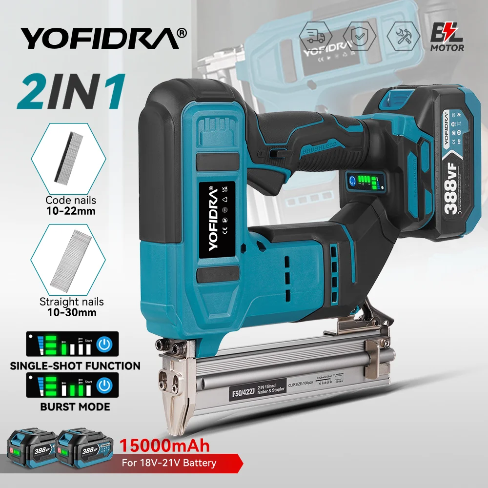 Pistola de clavos eléctrica sin escobillas YOFIDRA de 30 mm, 2 en 1, clavadora/grapadora inalámbrica, herramienta de clavado para baterías Makita de 18 V.