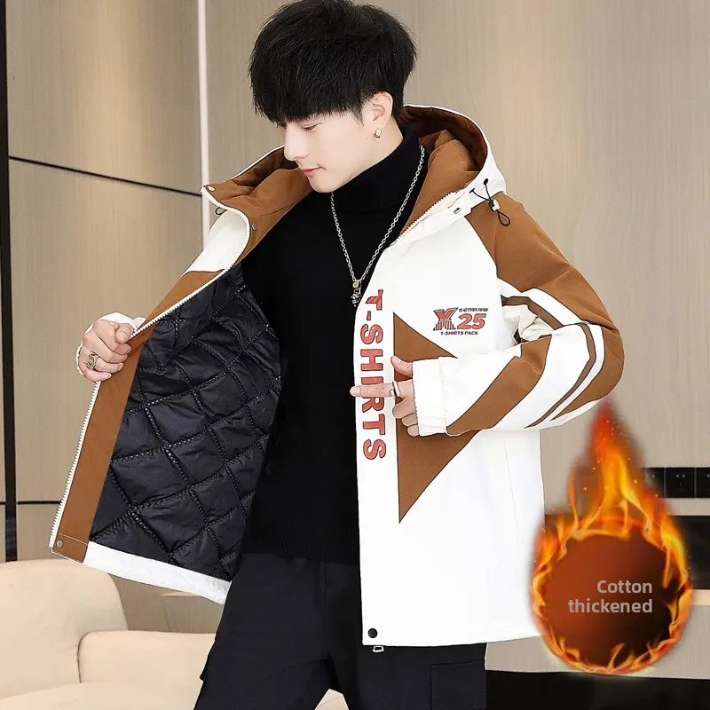 

Утепленная хлопковая рабочая куртка мужская зимняя с капюшоном, модная молодежная теплая куртка свободного кроя, верхняя одежда