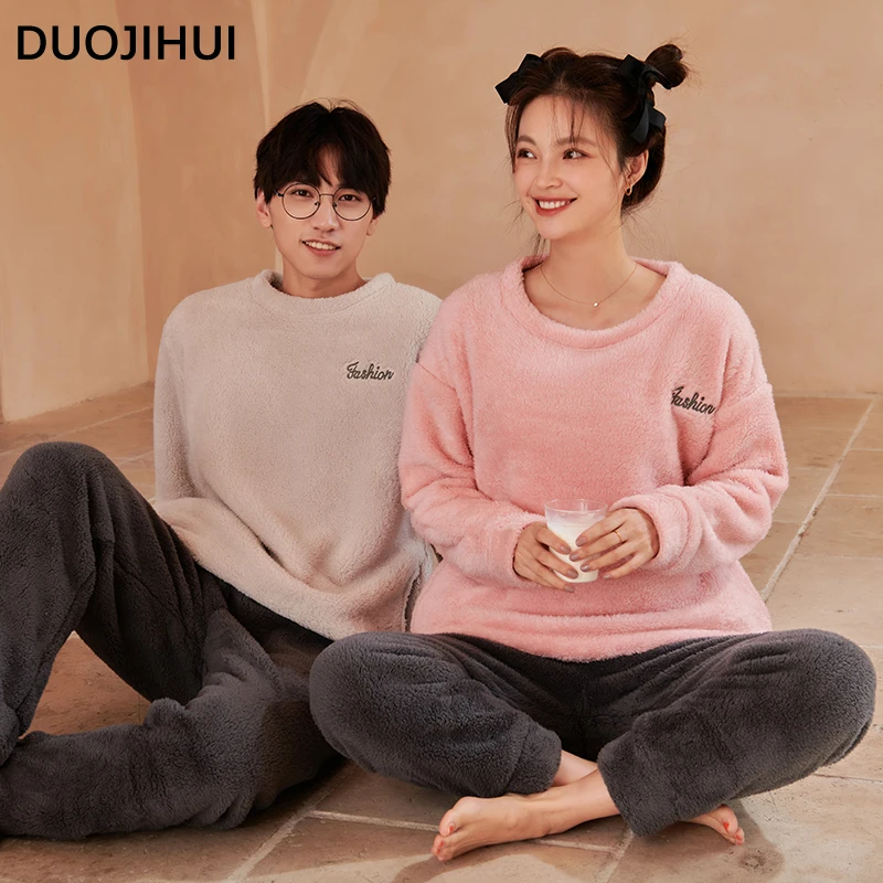 DUOJIHUI-Ensemble Pyjama Basique pour Femme, Doux, Col Rond, Pantalon Y-adt, Chaud, Doux, Simple, Décontracté, Mode, Hiver