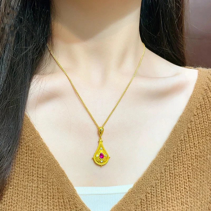 

9999 24K real gold filigree dot diamond Ruyi pipa pendant water drop collar necklace clavicle chain retro court style ornament