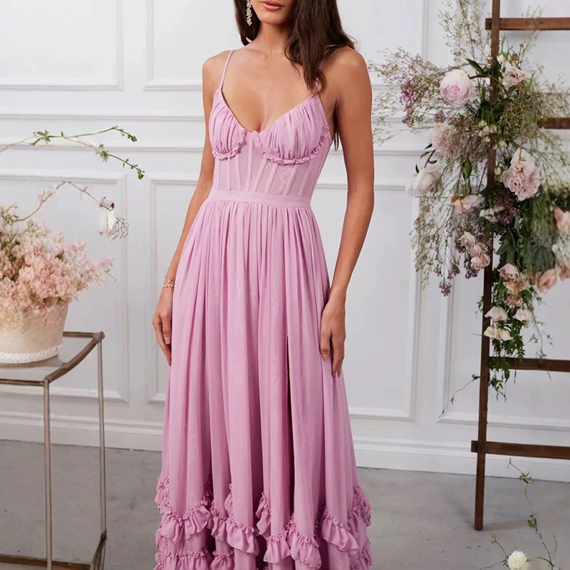 Moda cintura plissado sólido vestido de festa sexy com decote em v suspensórios de espinha de peixe vestido elegante de corte baixo sem mangas sem costas magro vestido longo