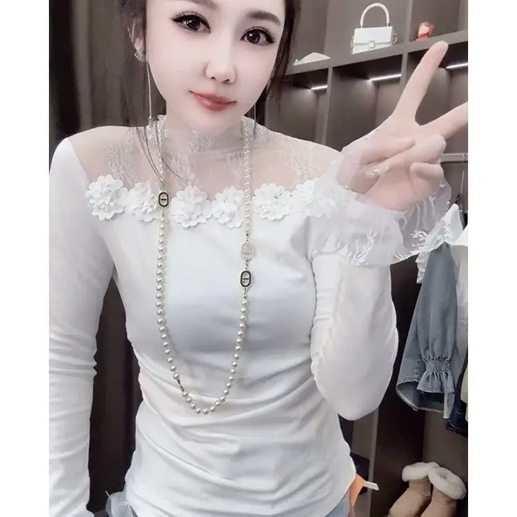 

Design Three-dimensional Flower Long-sleeved T-shirt Autumn Winter New Style Lace Splicing Western Slim Bottoming Shirt Top