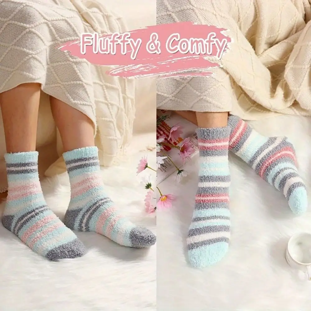 

Colorful Striped Love Heart Coral Velvet Socks Thick Sweat Absorption Home Floor Socks Soft Cozy Winter Warm Keep Warm Socks