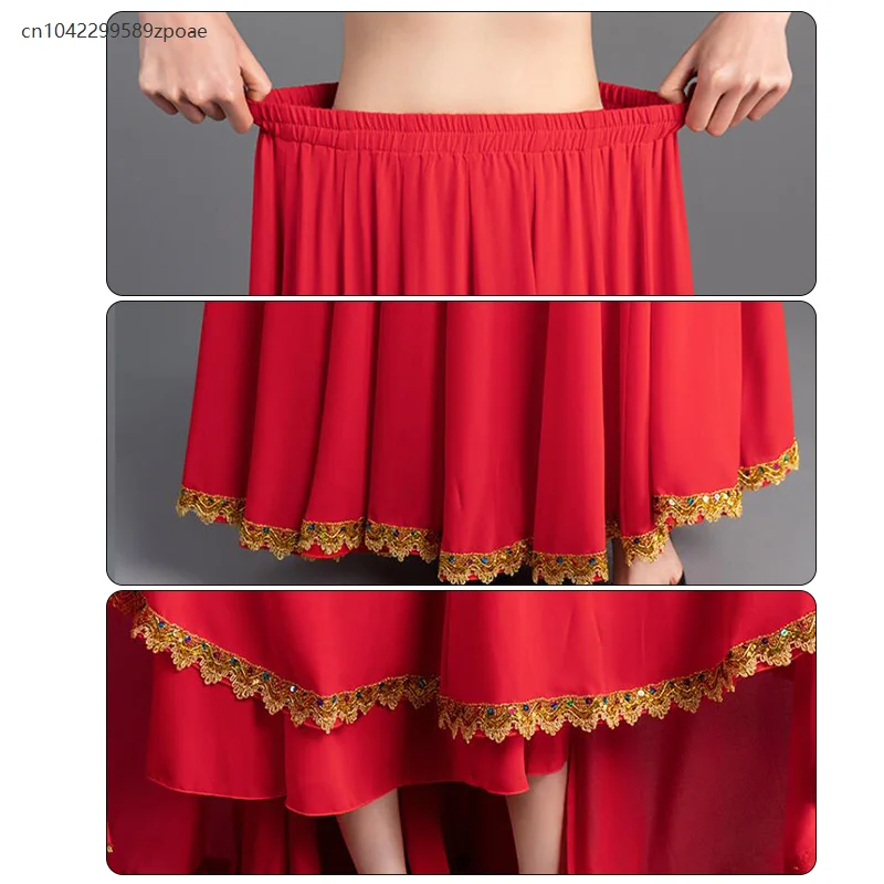 Damen 720-Grad-einfarbiger Tanzrock, spanischer Flamenco, großer Schaukel, hohe Taille, langer Rock, mexikanisches Tanzaufführungskostüm
