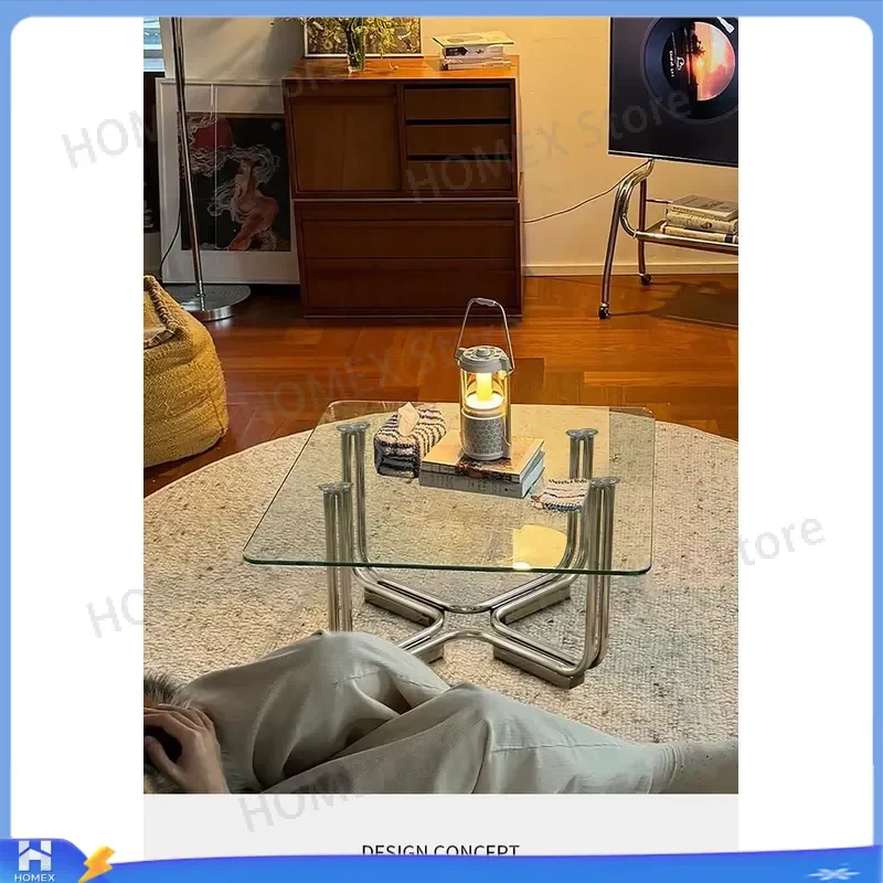 Light Luxury Transparent Glass Tea Table Stainless Steel Square Side Table Low Coffee Table for Living Room Sofa Modern