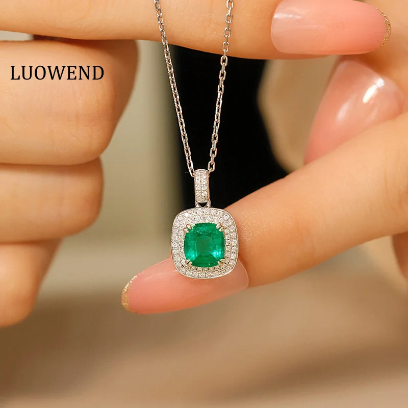 LUOWEND 100% 18K White Gold Necklace Fashion Square Design Shiny Diamond Natural Emerald Necklace for Women High Party Jewelry