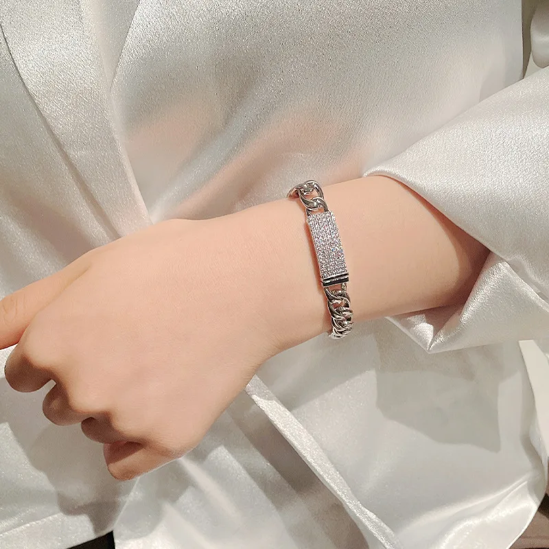 Cuban Chain 925 Silver Inlaid Diamond Bracelet Couple Men's and women's Fashion Hip Hop European and American Simplicity