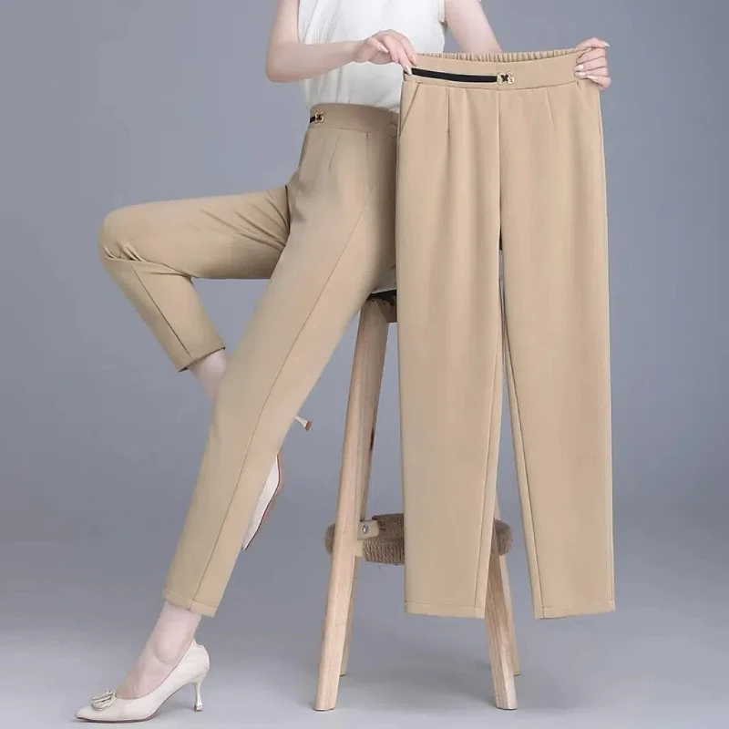 

Korean Fashion Women Khaki Pencil Suit Pants Spring Summer Casual Elastic High Waist Office Lady Slim Straight Cropped Trousers