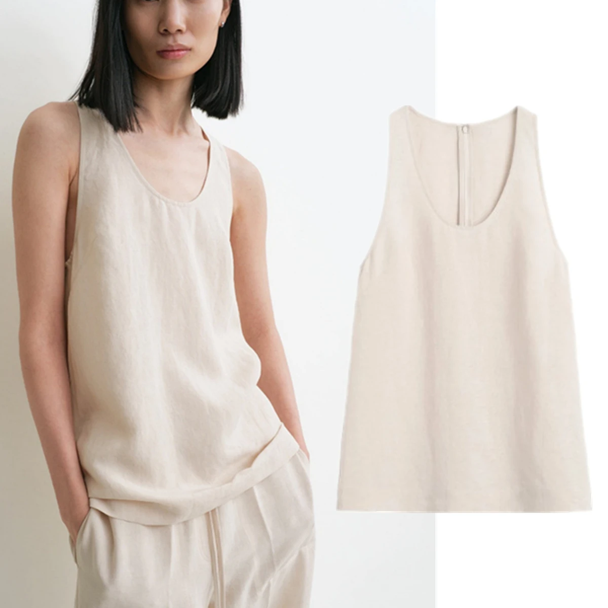 

Maxdutti Nordic Minimalist Linen Beige Sleeveless Shirt Women's Blouses And Shirt Women's Shirt Woman Clothing Tops For Summer