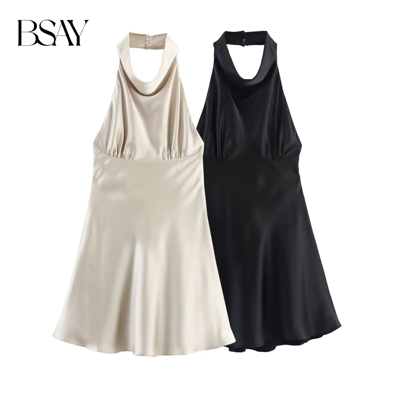 BSAY sleeveless hanging neck collar maid summer new style 2025 fashionable solid color bow tie silk texture dress