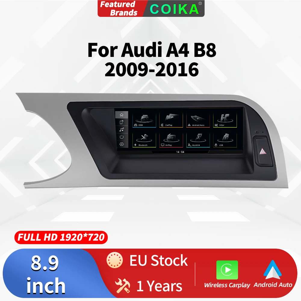 Autoradio Multimediale per Audi A4 B8 S4 2009-2016, Bluetooth Wireless, Carplay, Android Auto, Schermo Touch da 8.9 Pollici 1920*720P