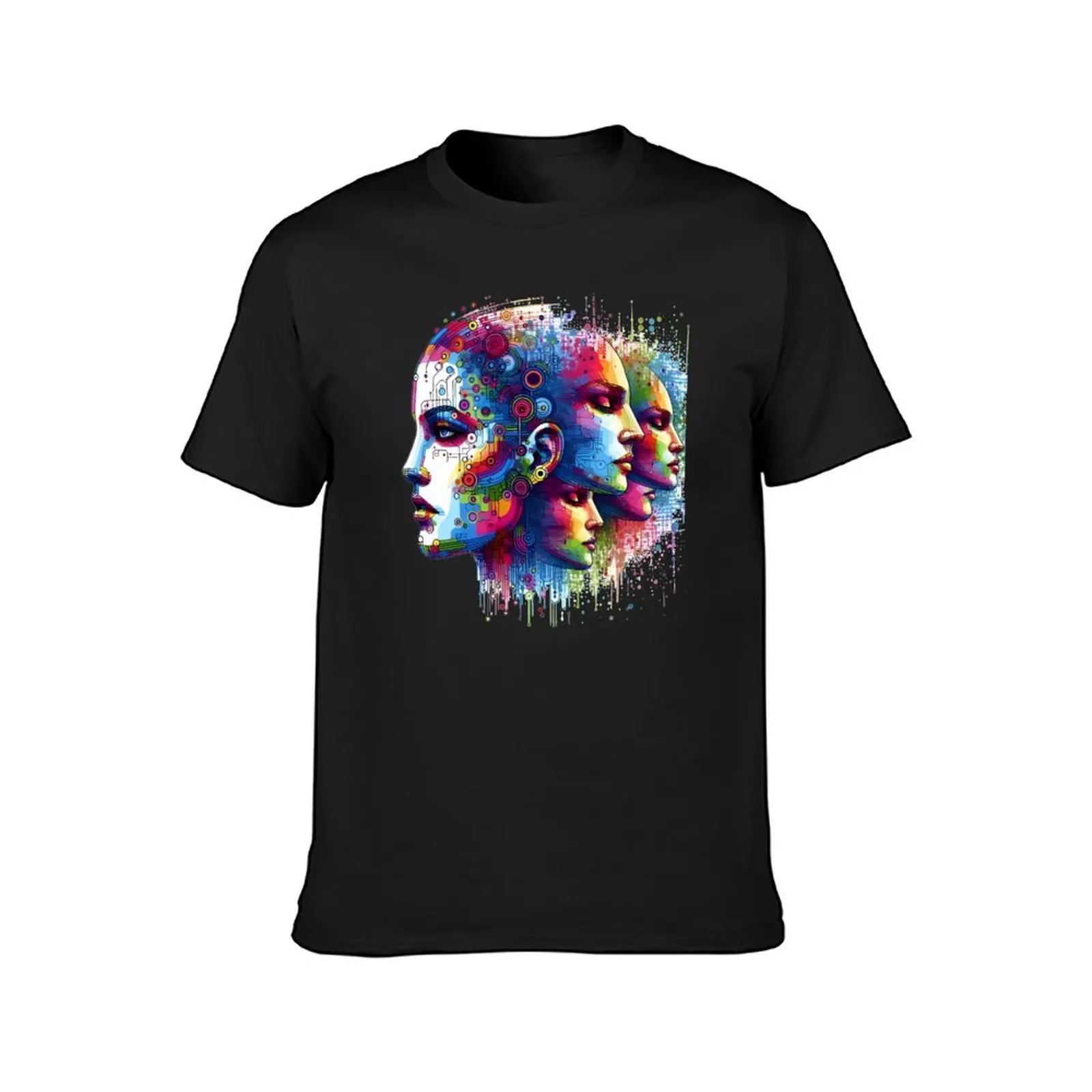 Cybernetic Vision: Chromatic Portrait in Blue, Red, Purple, and Yellow T-Shirt tops Short sleeve tee graphics men workout shirt