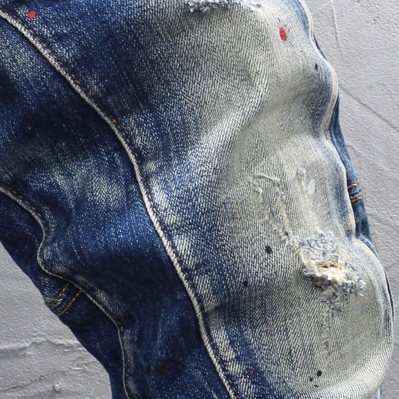 Street Fashion Men Jeans Retro Washed Blue Stretch Slim Fit Ripped Jeans Men Spliced Designer Hip Hop Vintage Denim Pants Hombre