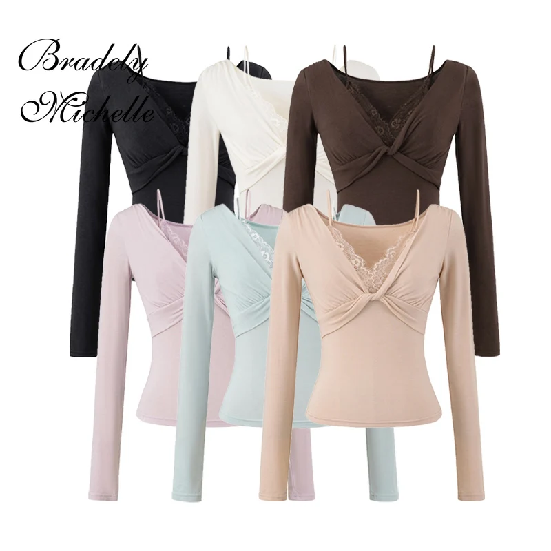 Lace V-neck Patchwork Long Sleeved Top Solid Fashion Clothing Stretch New Women Tops Sexy Pullover Bottoming Blouses T-shirt