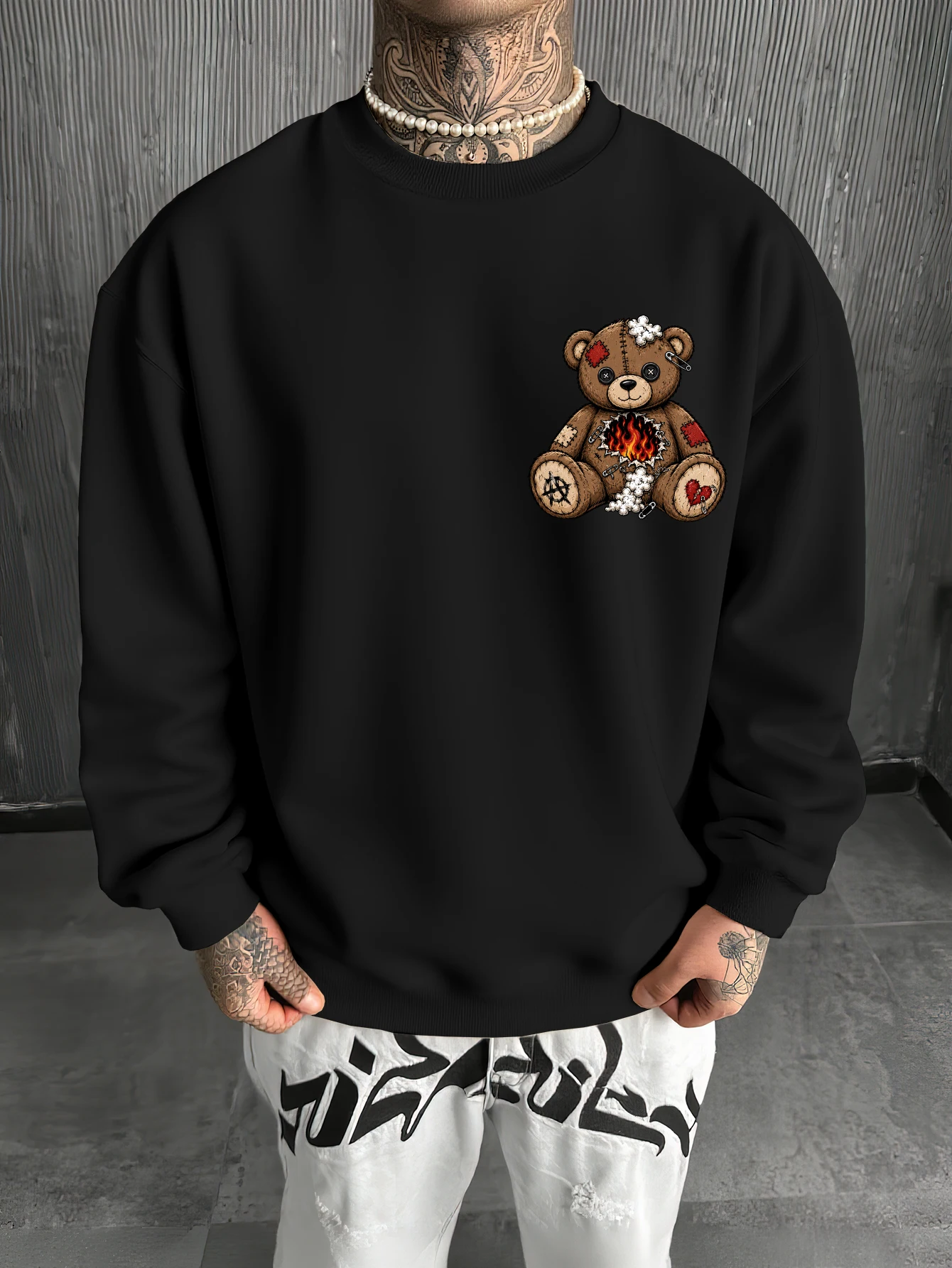 Men's Streetwear Pullover Gothic Stitched Bear Flame Skull Graphic Print Crew Neck Sweatshirt