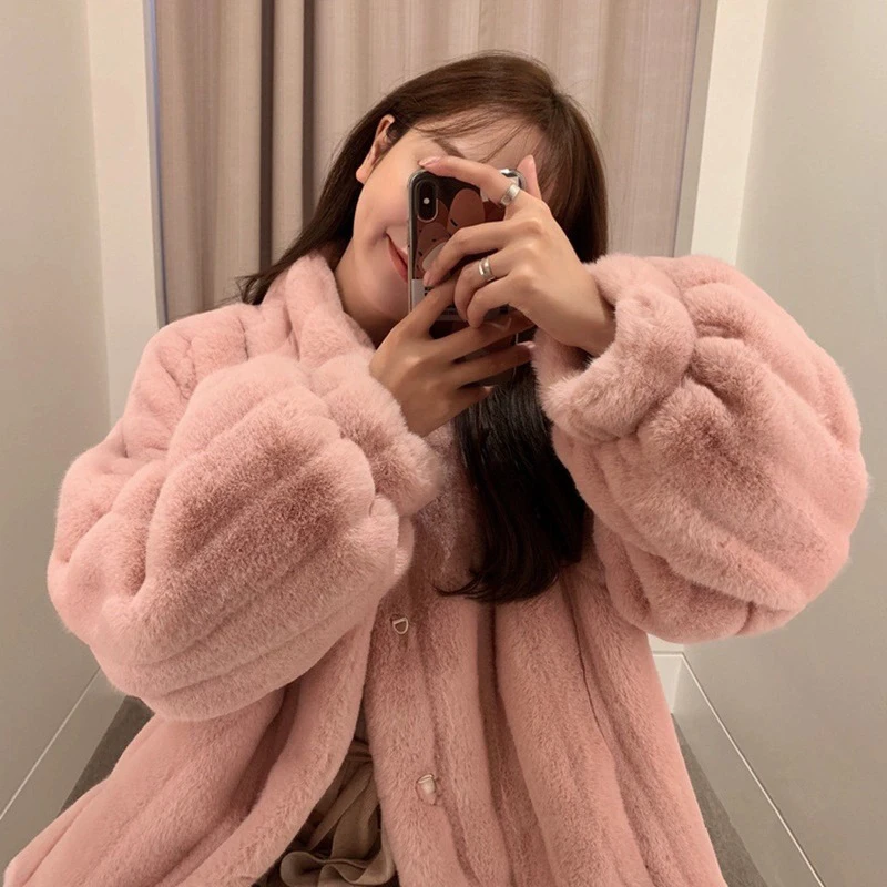 

High Quality Furry Faux Fur Coats and Jackets Women Fluffy Top Coat Winter Rex Rabbit Fur Jacket Manteau Femme Stand Collar