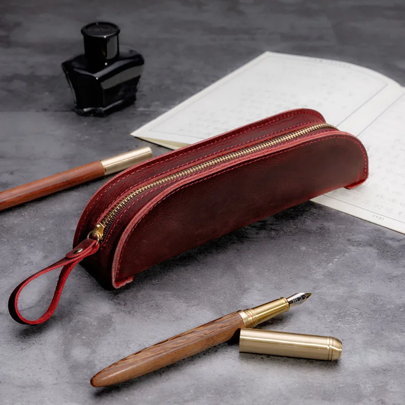 Crazy Horse Leather Zippered Pencil Case Creative Retro Oval Multicolor Optional Pen Storage Bag Stationery Case