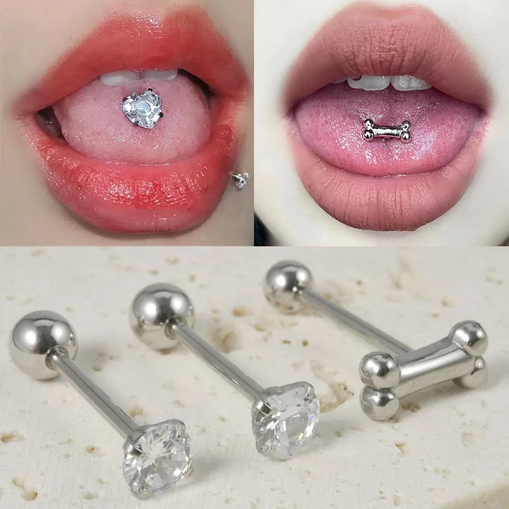 1PC 316l Surgical Steel Punk Tongue Barbell Studs Tongue Ring Piercing Zircon Body Jewelry 14G Heart-shaped Tongue Piercing