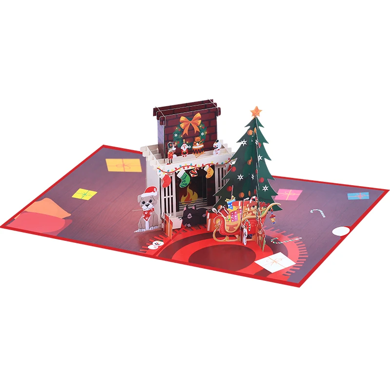 بطاقة تهنئة منبثقة ثلاثية الأبعاد لمدفأة عيد الميلاد مع بطاقة رسالة مغلف، هدية سانتا لعيد الميلاد، فكر فيك، بطاقة شكر