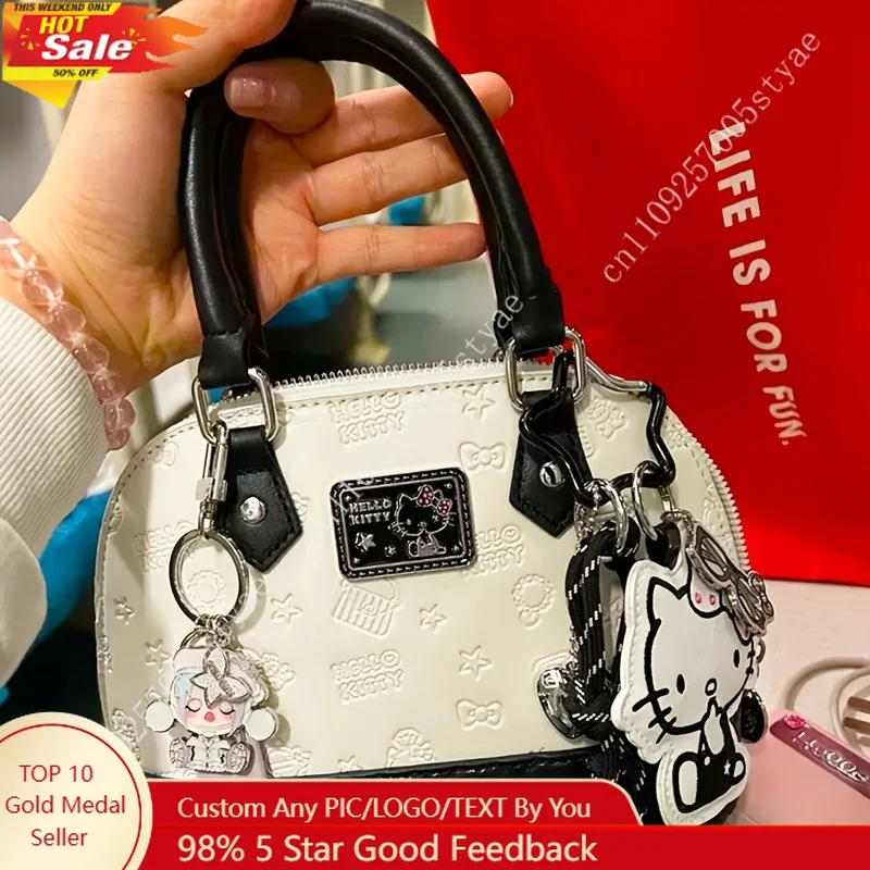 1pc Sanrio Hello Kitty Black White Floral Handbag Synthetic Leather with Golden-Tone Hardware Zipper Closure Detachable Straps