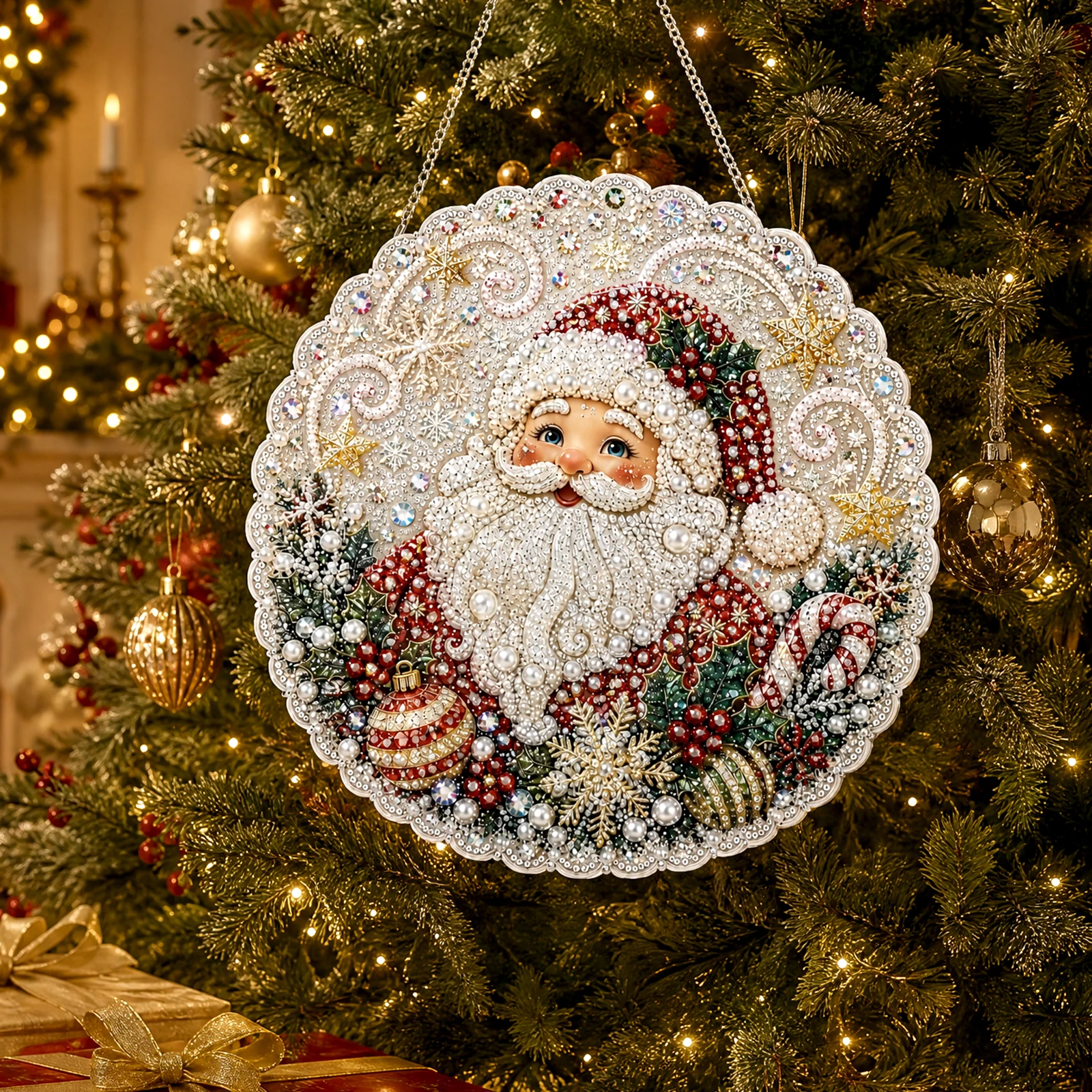 Christmas Pearl Diamond Art Sun Catcher Kit 3D Mixed Pearl Beads Acrylic Round Board with Lace Edge for Window Tree Mantel Decor