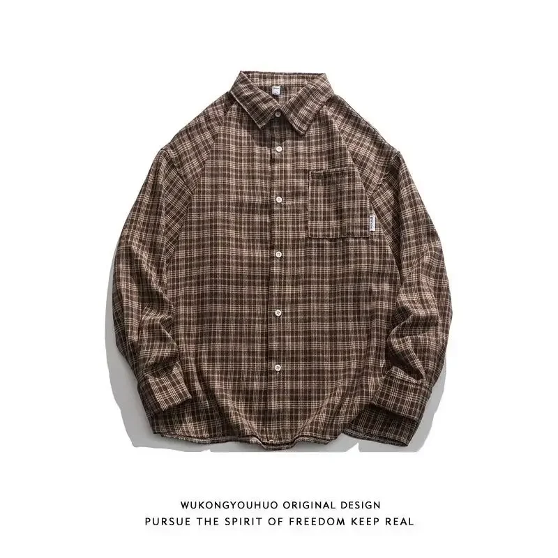 Japanese Vintageins Coffee Color Plaid Long Sleeve Shirt Men Loose Fit Casual Jacket Spring Autumn Season Versatile Fashion