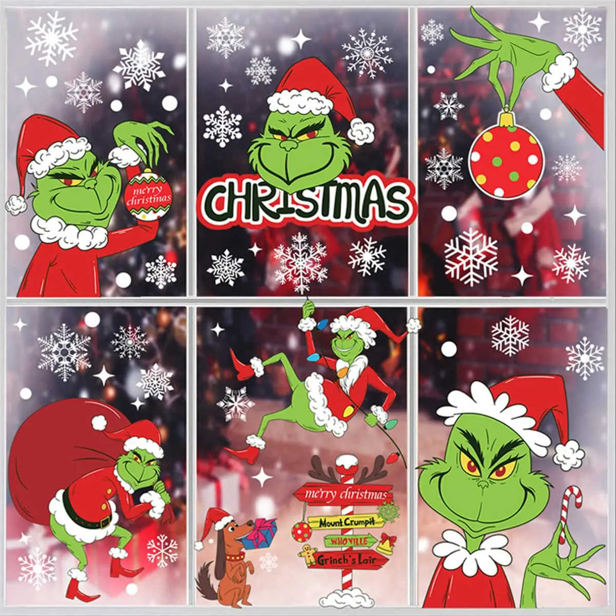 9 Sheets Grinch Window Stickers for Glass Christmas Double Sided Decor Xmas Window Stickers for Home School Office Decorations