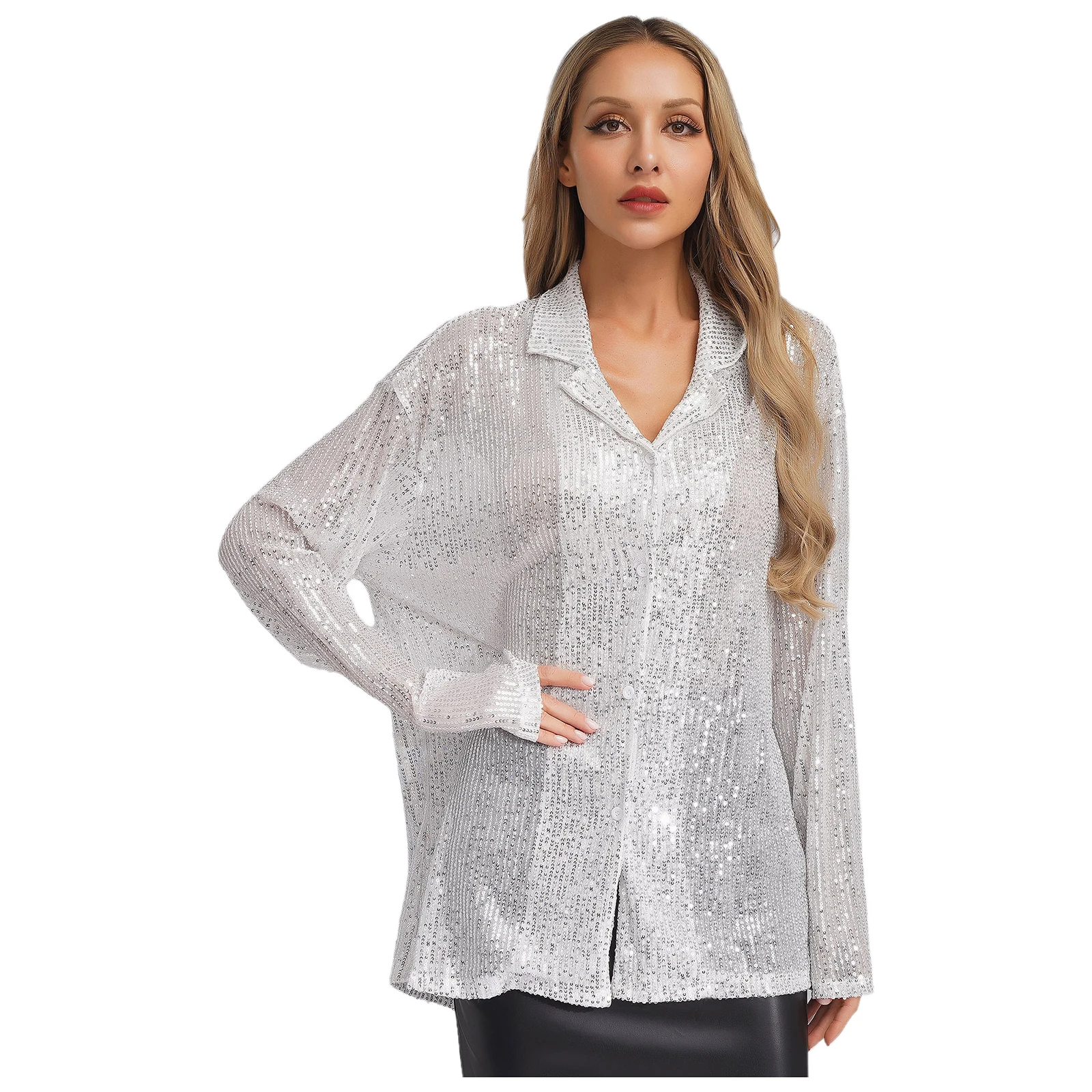 

Women Glittery Sequins Long Sleeve T-shirt Party Club Raves Stage Dance Cop Tops Sparkly Translucent Loose T-shirt Coat