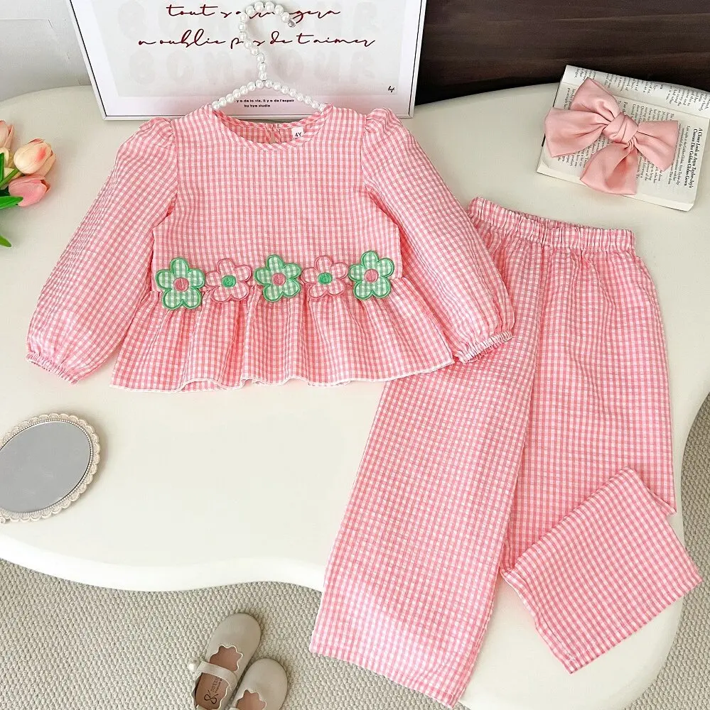 Korean Girls Suit Autumn New Decal Plaid Long-Sleeve Top Wide-Leg Pants 2-piece Girls Clothing Fashion Sets