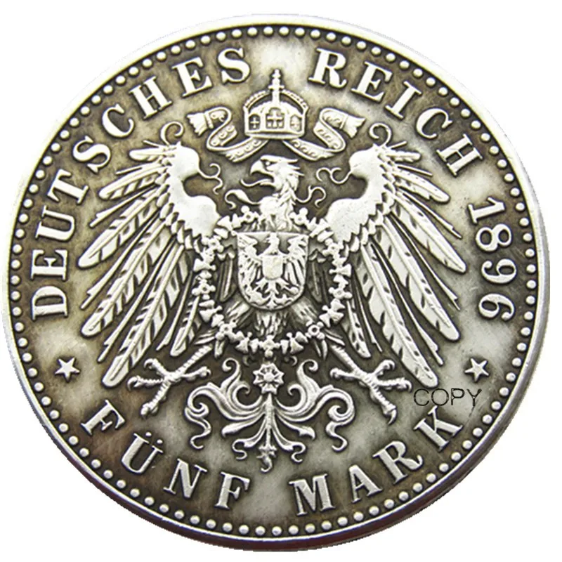 GERMAN 1896 ST. Anhalt-Dessau Friedrich I 5 Mark Silver Plated Copy Coin DE(27)