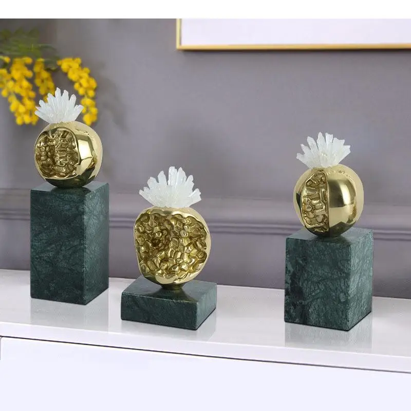 Golden Pomegranate Sculpture Marble Base Crystal Flower Ornaments Desk Decoration Brass Fruit Statue