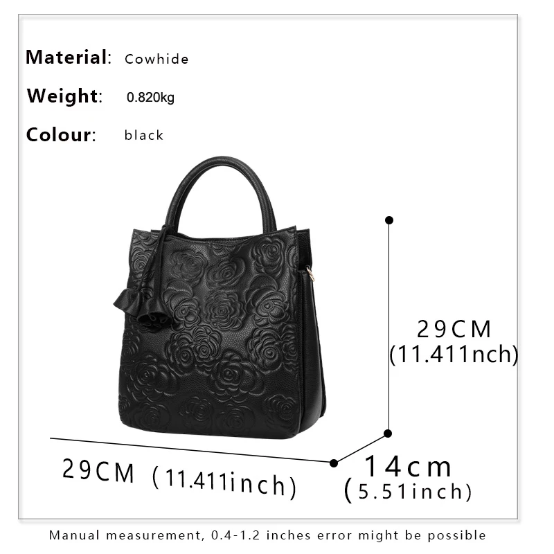 New floral embossed women\'s handbag with large capacity solid color bucket bag made of high-quality cowhide