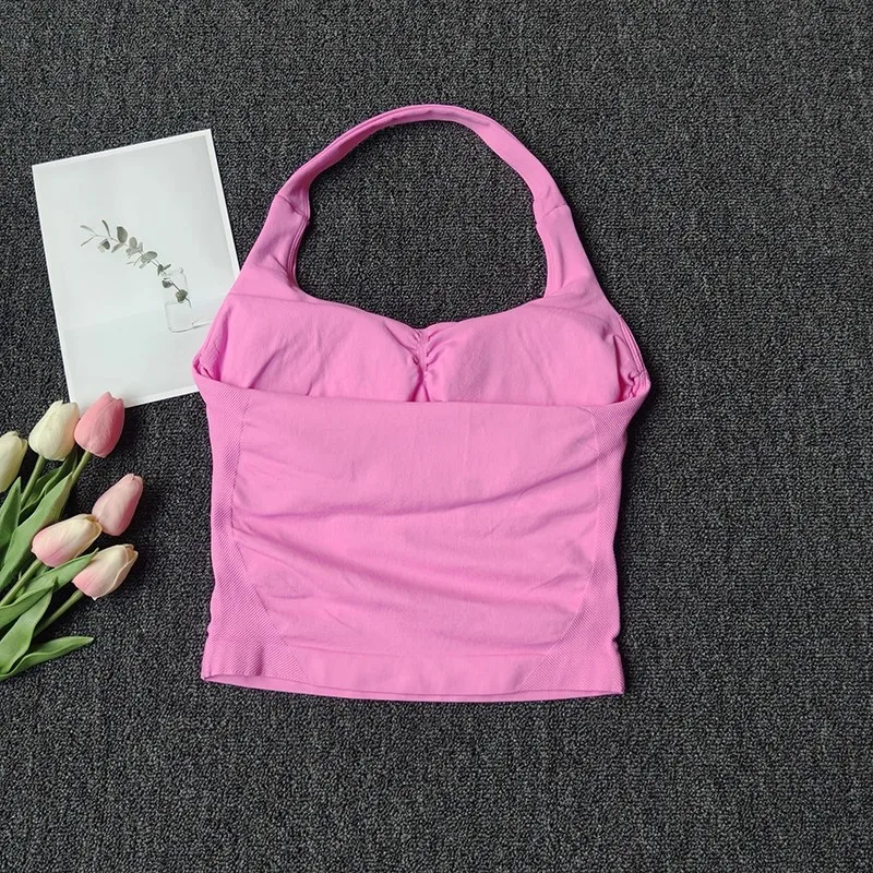 Canotta sportiva da donna senza cuciture con scollo all'americana, yoga, senza schienale, collo appeso, canotta fitness, top da corsa, reggiseno da palestra, allenamento, abbigliamento fitness