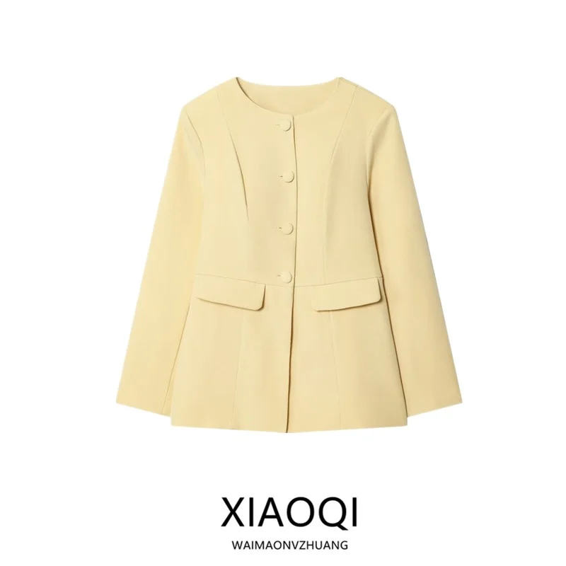 Elegant Minimalist round Neck Long Sleeve Button up Windproof Women's Suit Jacket Versatile Commute Outerwear for Autumn 2025