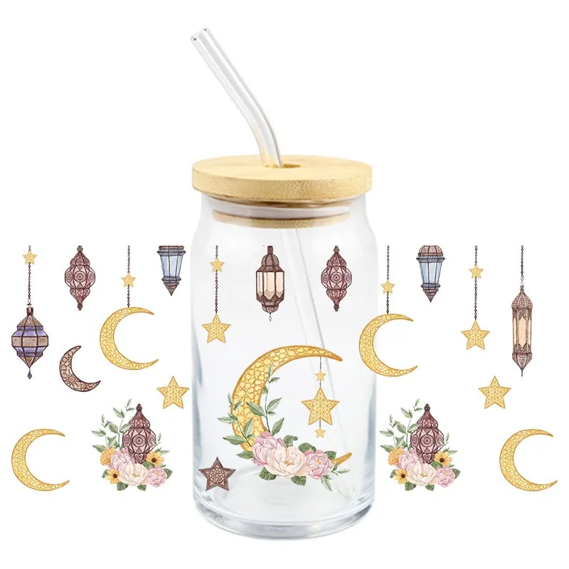 Ramadan UV DTF Wrap Transfer Stickers Golden Moon Stars Design DTF Wrap For Bottles Cups DIY Waterproof Decal