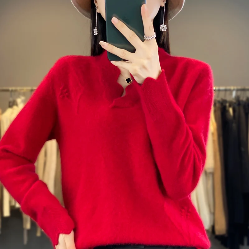 Lrregular Fashion Wool Sweater Women's Autumn/Winter Long Sleeve Solid Color French Hoodie 100% Merino Wool Jumper Knitted Top