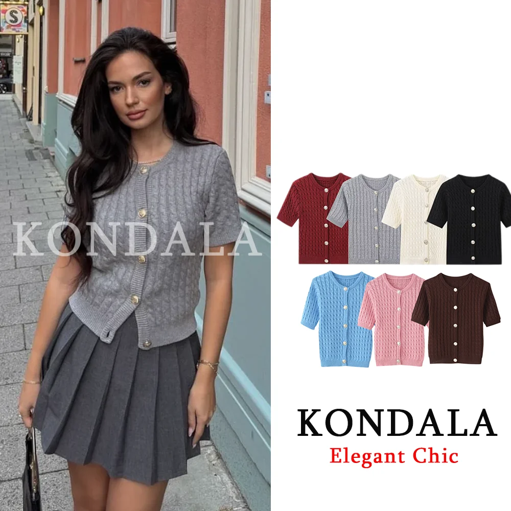 KONDALA Women High Street Knitted Jacket O-Neck Single Breasted Short Sleeve New Fashion 2026 Spring Summer Trendy Knitted Tops