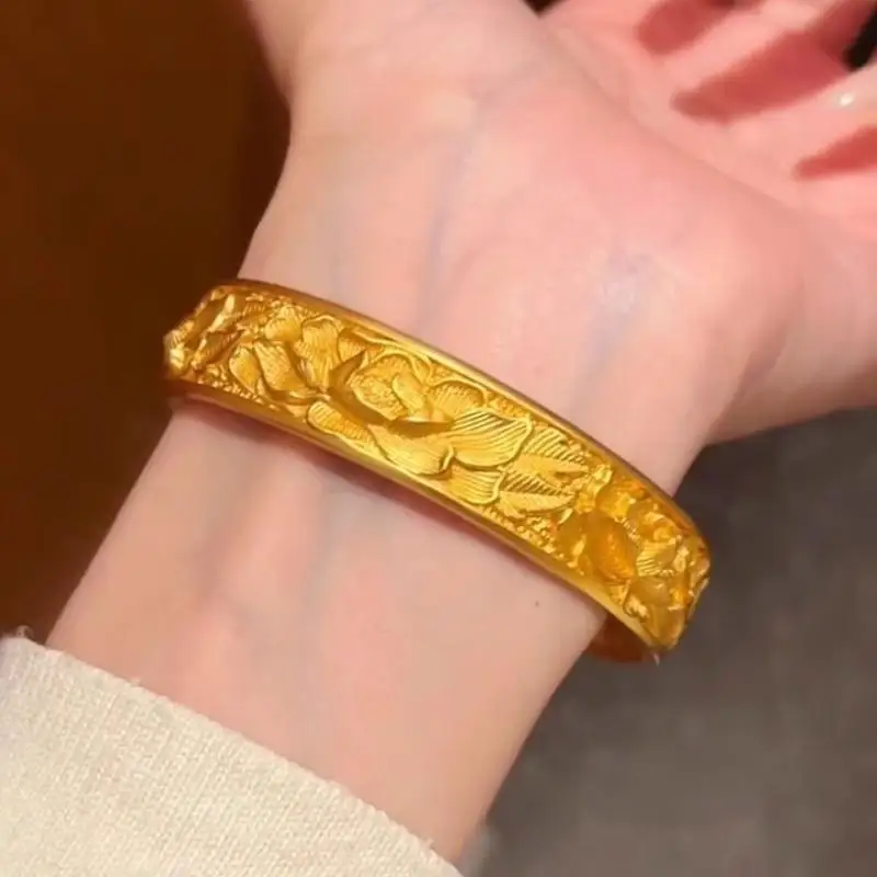 Gold Plated Open Cuff Bangle Peony Carved Pattern Long Lasting Shine Hypoallergenic for Casual Daily Wear