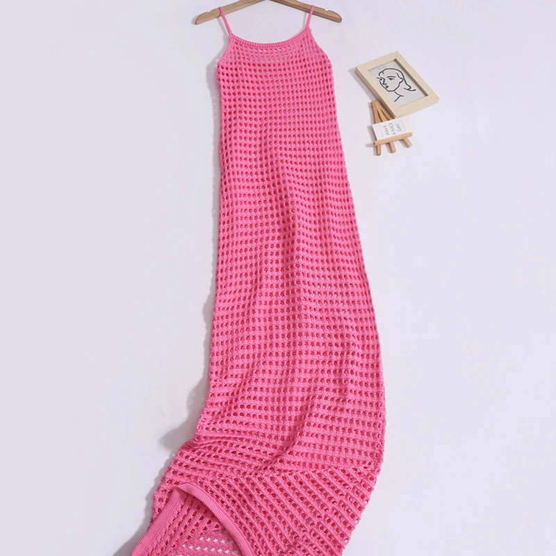 Holiday Stacked Wool Mesh Beach Dress Women 2024 New Summer Slim-fit Fashion Stylish Hollow Vest Long  Maxi Dress for Women