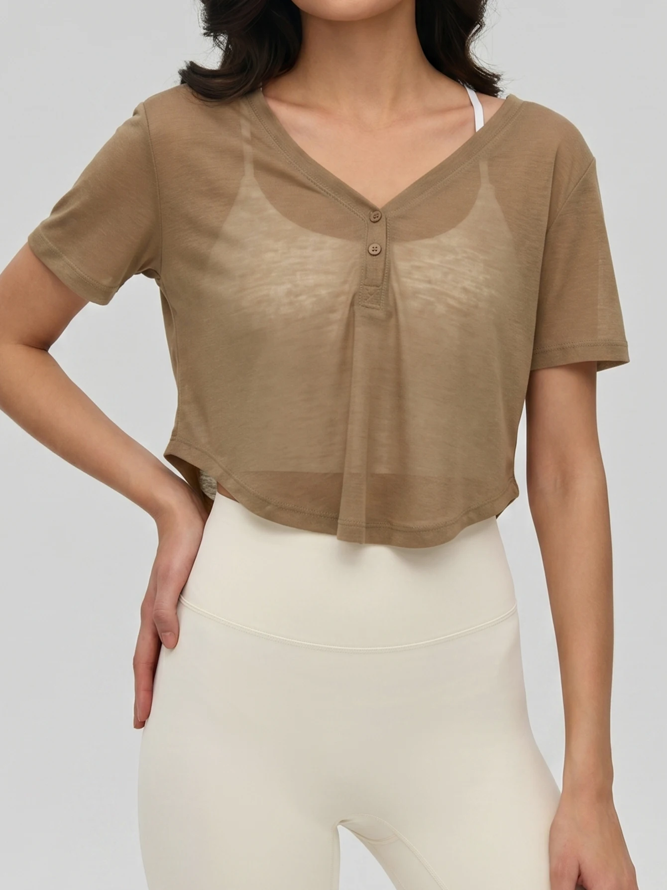 Half Button V-Neck Mesh Yoga Tee, Cropped Slim Fit Casual Athletic Short Sleeve Outerwear