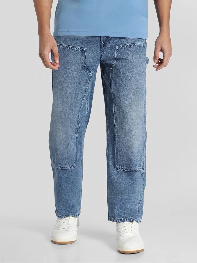 

Light Blue Loose Straight Leg Cotton Denim Pants Thin Sle American Retro Men's Jeans Comfortable Breathable Outdoor Casual