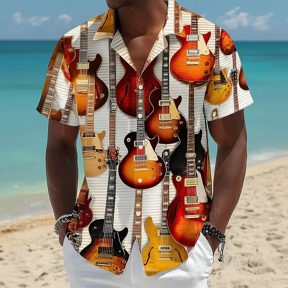 

Men's Guitar 3D Print Short Sleeve Shirt Vintage Retro Music Festival Holiday Daily Tops Blue Orange Green Spring Summer