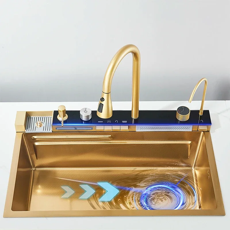 Luxury Intelligent Waterfall Style Piano Button Sink, Modern Handmade 304/201 Stainless Steel with Washing Cup Kitchen Sink
