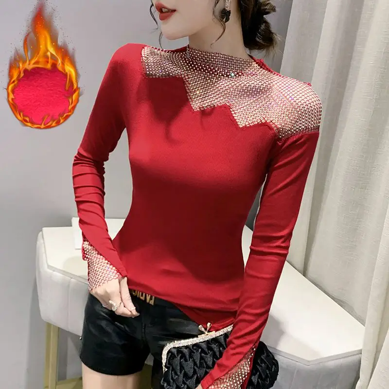 Temperament Lady Solid Color Sexy Slim Diamonds T-shirt Jesień Zima Nowy Długi Rękaw All-match Patchwork Tops Odzież Damska