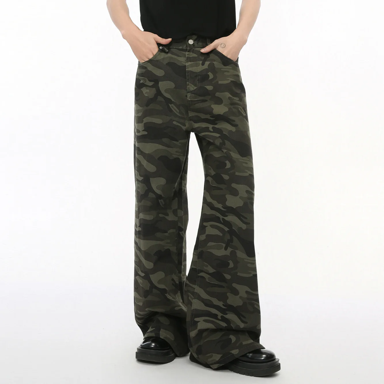 

Straight Jeans Men Wide Leg Jean Full Length Denim Pant Loose Print Spliced Washed Zipper Fly Mid Waist Pockets High Street